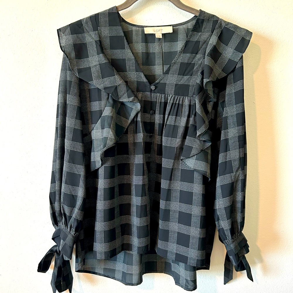 LOFT Black Plaid Tie Sleeve Blouse (S)
